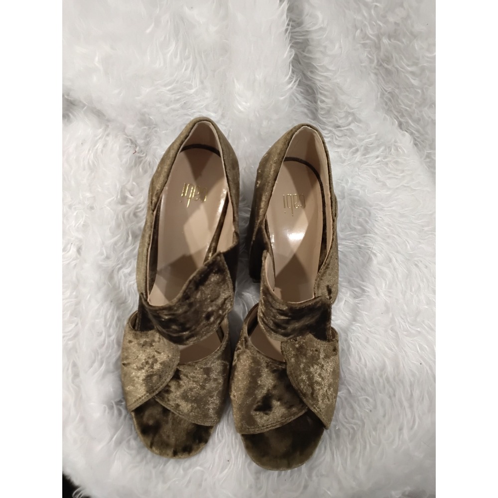 Cabi Olive Green Crushed Velvet Block Heel Peep Toe Sandals Womens 8